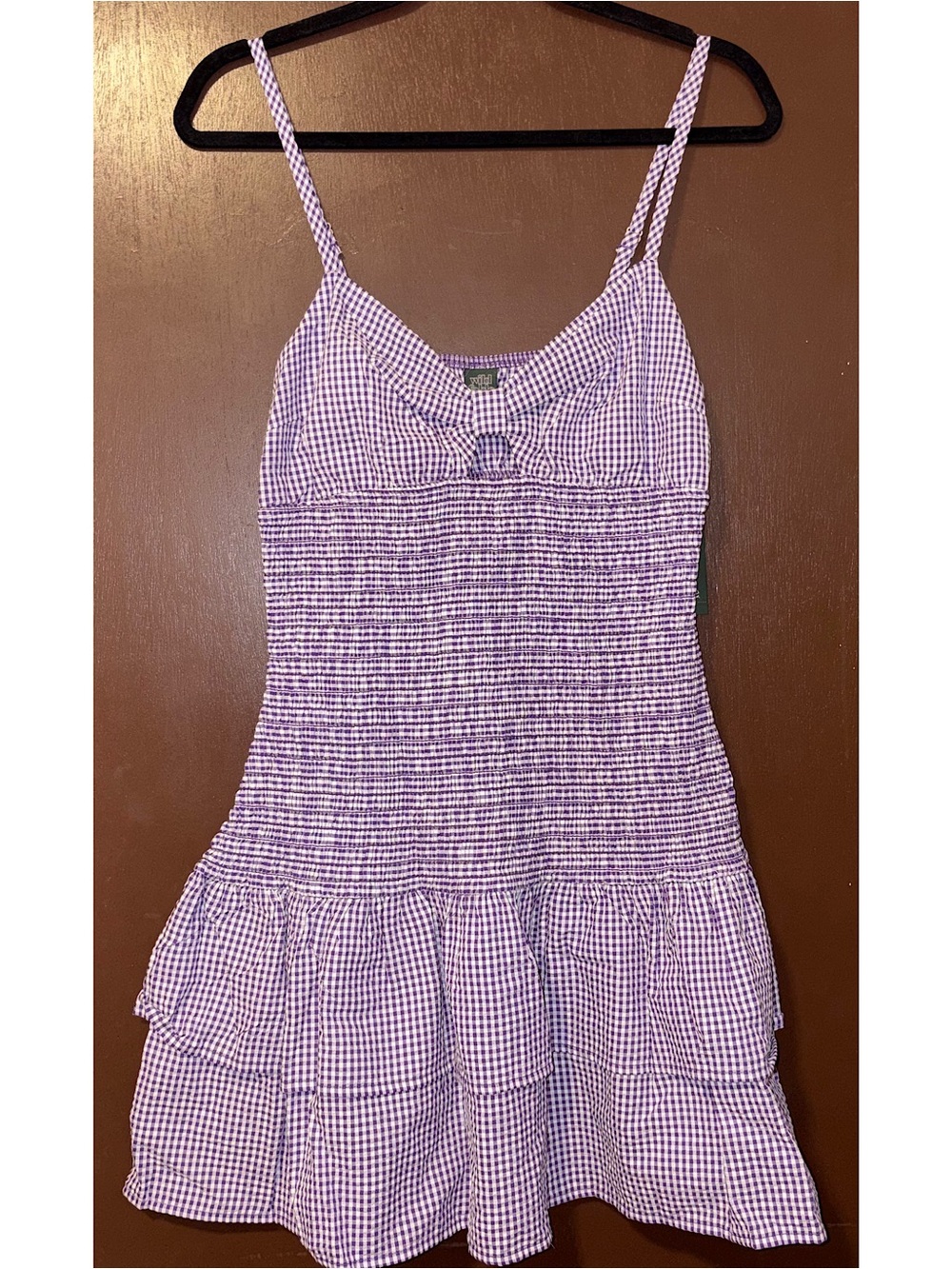 Wild Fable Game Day Smocked Gingham Mini Skater Dress  (Purple/White - Medium)
